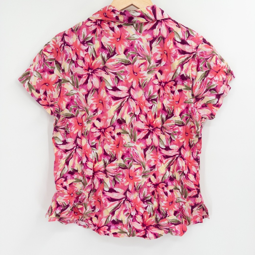 Vintage Y2K Erika Floral Button Down Shirt Womens L Pink 90s Cropped Tropical - Picture 7 of 8